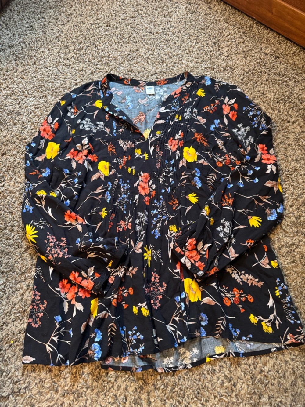 Old Navy Black Floral V-Neck Blouse with Yellow & Coral Accents